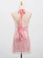 Sequin Mini Dress Halter Neck Backless Tied Party Sleeveless Mesh Lightweight