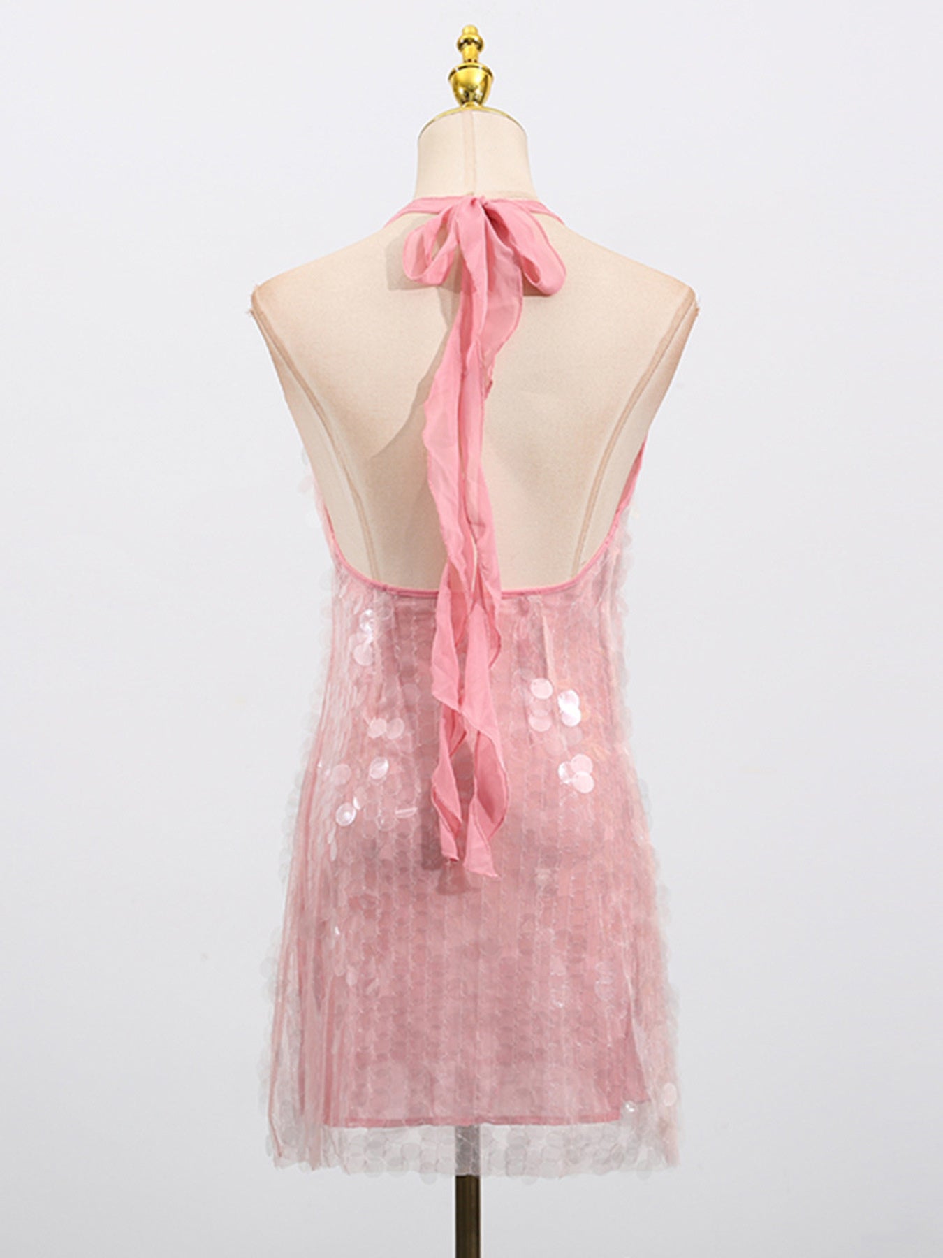Sequin Mini Dress Halter Neck Backless Tied Party Sleeveless Mesh Lightweight