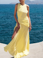 Summer Maxi Dress Yellow Sleeveless Ruched High-Slit Zipper Beach Elegant