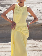 Summer Maxi Dress Yellow Sleeveless Ruched High-Slit Zipper Beach Elegant