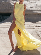 Summer Maxi Dress Yellow Sleeveless Ruched High-Slit Zipper Beach Elegant