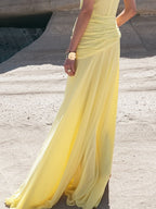 Summer Maxi Dress Yellow Sleeveless Ruched High-Slit Zipper Beach Elegant