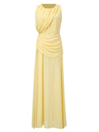Summer Maxi Dress Yellow Sleeveless Ruched High-Slit Zipper Beach Elegant