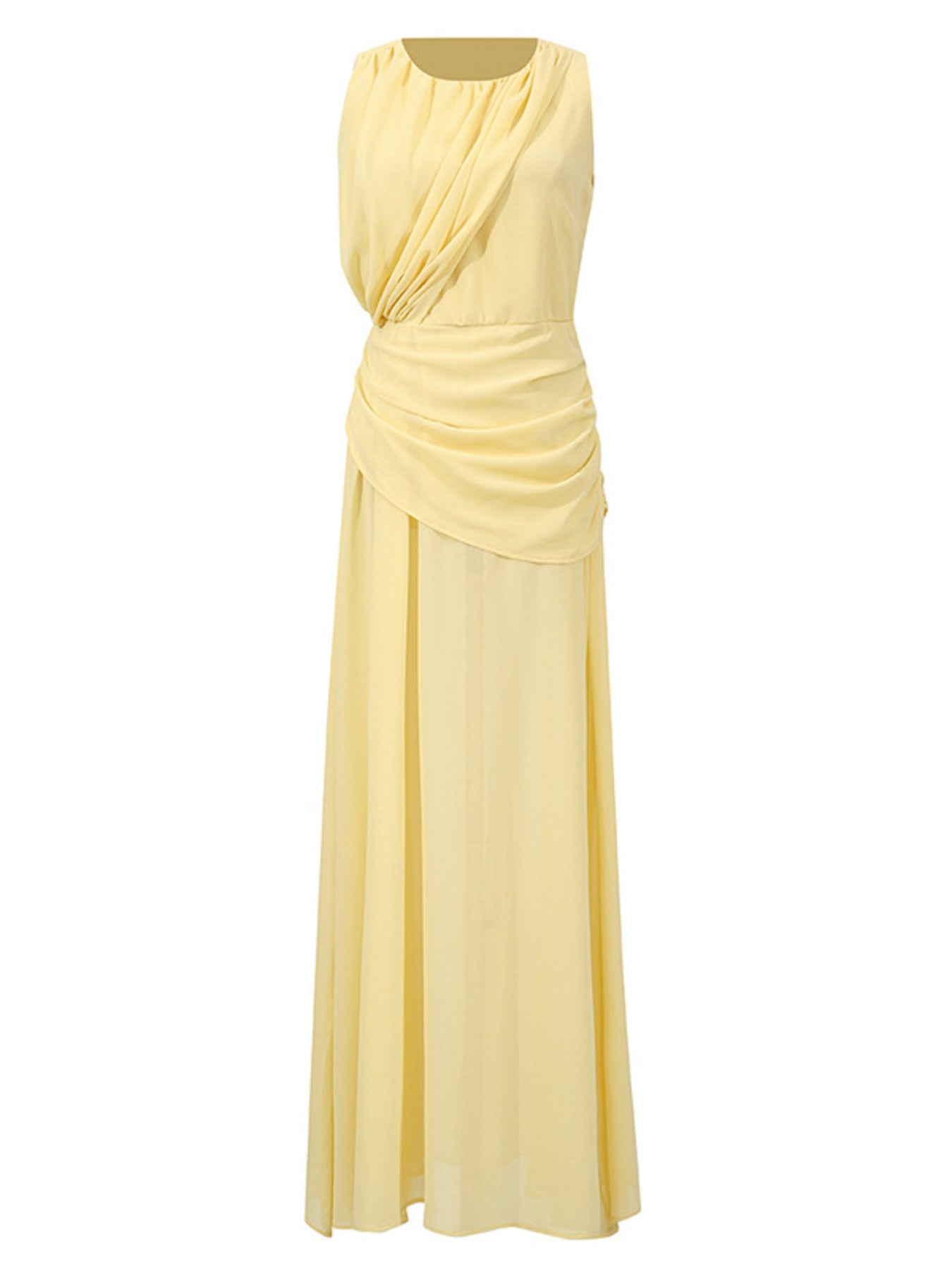 Summer Maxi Dress Yellow Sleeveless Ruched High-Slit Zipper Beach Elegant