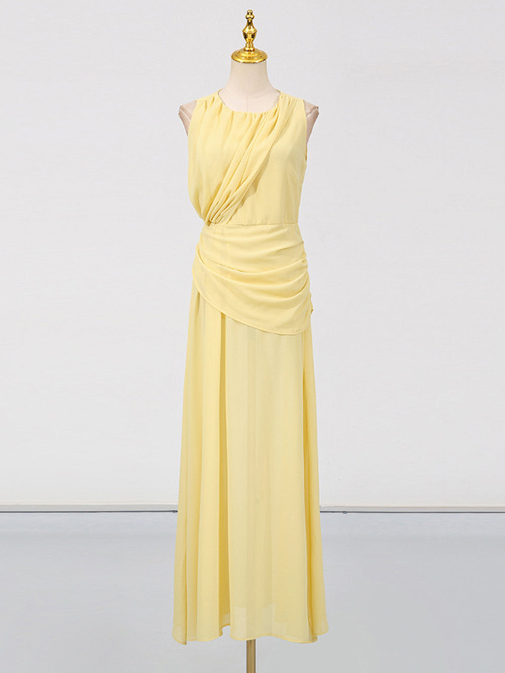 Summer Maxi Dress Yellow Sleeveless Ruched High-Slit Zipper Beach Elegant