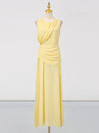 Summer Maxi Dress Yellow Sleeveless Ruched High-Slit Zipper Beach Elegant
