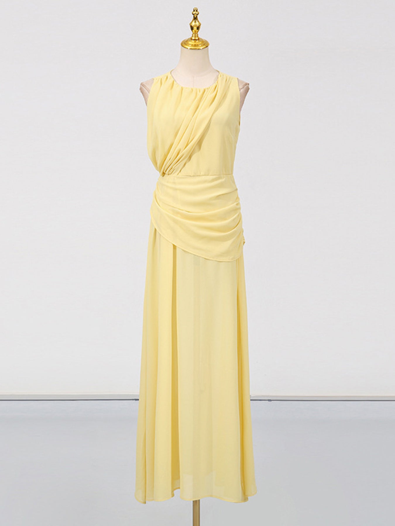 Summer Maxi Dress Yellow Sleeveless Ruched High-Slit Zipper Beach Elegant