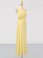 Summer Maxi Dress Yellow Sleeveless Ruched High-Slit Zipper Beach Elegant