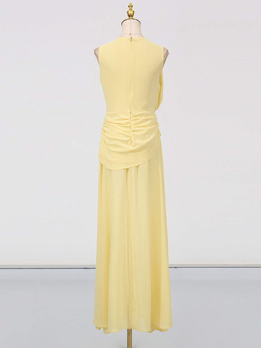 Summer Maxi Dress Yellow Sleeveless Ruched High-Slit Zipper Beach Elegant