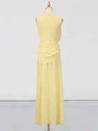 Summer Maxi Dress Yellow Sleeveless Ruched High-Slit Zipper Beach Elegant