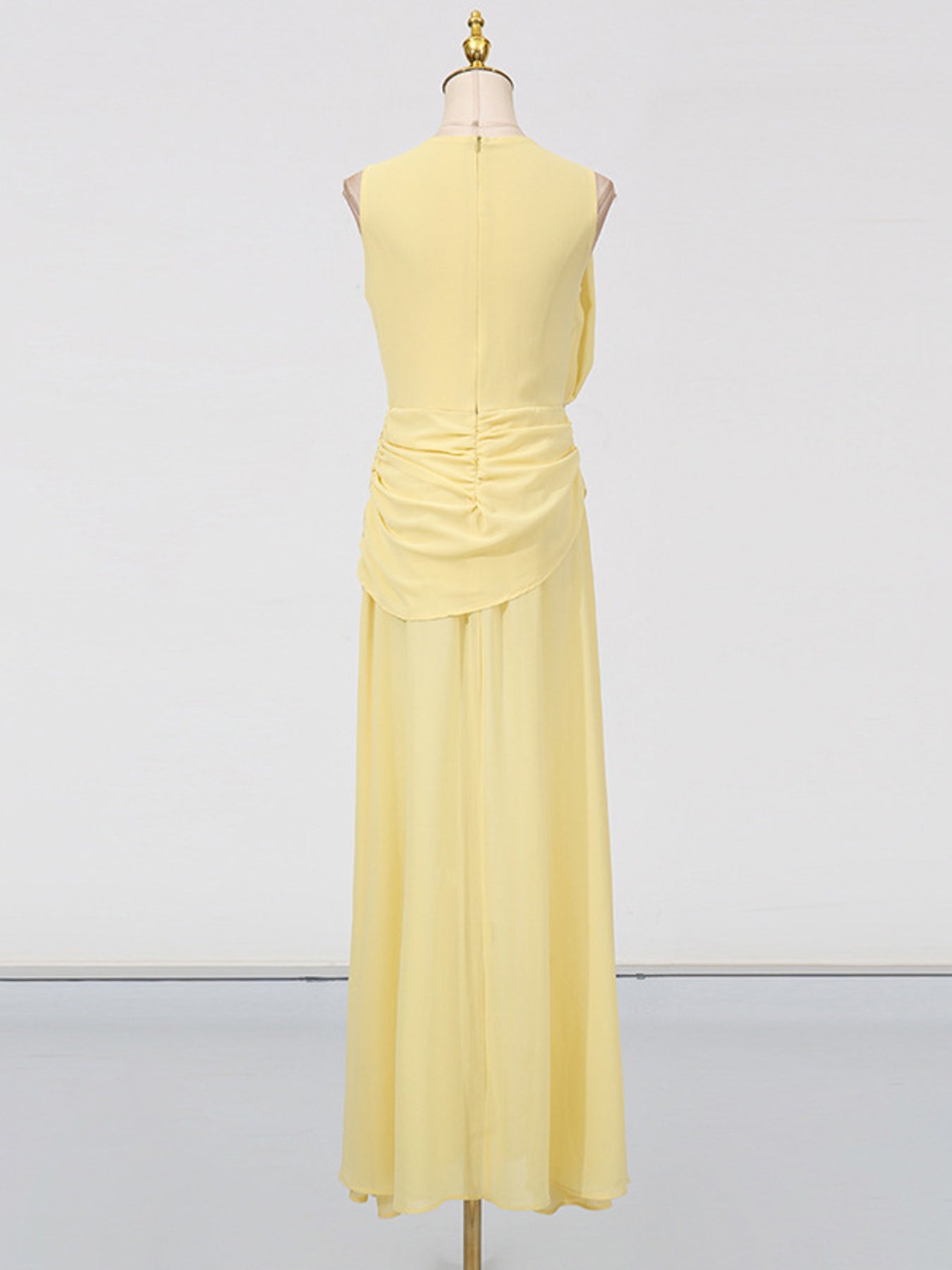 Summer Maxi Dress Yellow Sleeveless Ruched High-Slit Zipper Beach Elegant