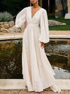 Party Maxi Dress V-Neck White Wave Pattern Long Balloon Sleeve Ruffle Backless