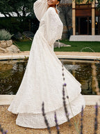 Party Maxi Dress V-Neck White Wave Pattern Long Balloon Sleeve Ruffle Backless