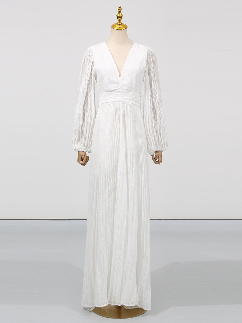 Party Maxi Dress V-Neck White Wave Pattern Long Balloon Sleeve Ruffle Backless