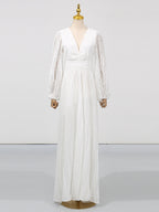 Party Maxi Dress V-Neck White Wave Pattern Long Balloon Sleeve Ruffle Backless