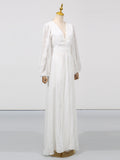Party Maxi Dress V-Neck White Wave Pattern Long Balloon Sleeve Ruffle Backless