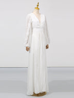 Party Maxi Dress V-Neck White Wave Pattern Long Balloon Sleeve Ruffle Backless