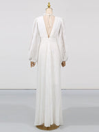 Party Maxi Dress V-Neck White Wave Pattern Long Balloon Sleeve Ruffle Backless