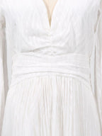Party Maxi Dress V-Neck White Wave Pattern Long Balloon Sleeve Ruffle Backless