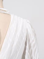 Party Maxi Dress V-Neck White Wave Pattern Long Balloon Sleeve Ruffle Backless