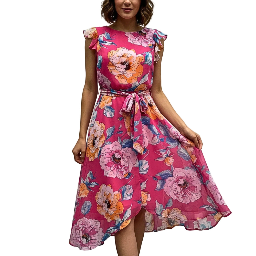 Mlle Gabrielle Floral Midi Dress Ruffle Shelby & Palmer Short Sleeve Belted Casual