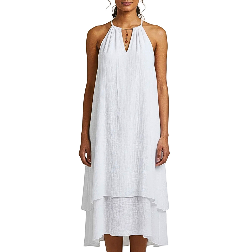 Mlle Gabrielle Midi Dress Halter Neck Mlle Gabrielle Solid White Sleeveless Summer Ruffle