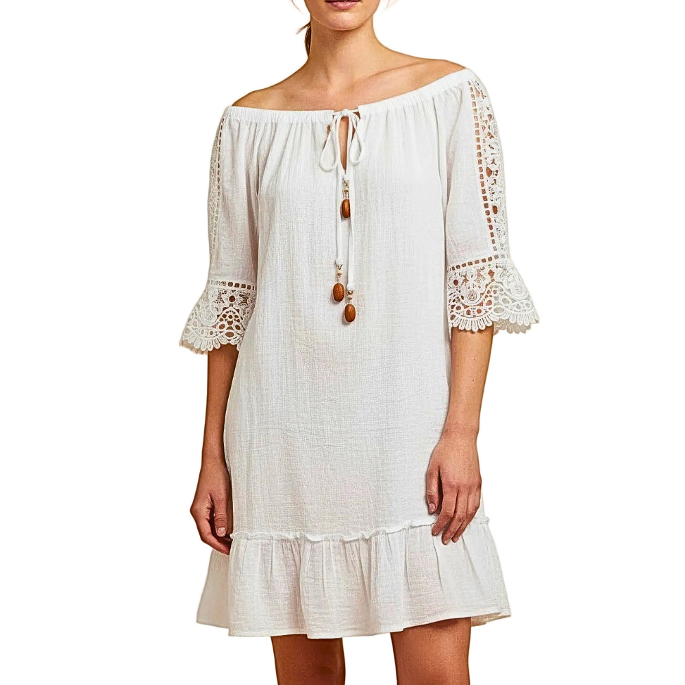 Mlle Gabrielle Mini Dress White Off Shoulder Floral Lace Tassel Mlle Gabrielle Ruffled