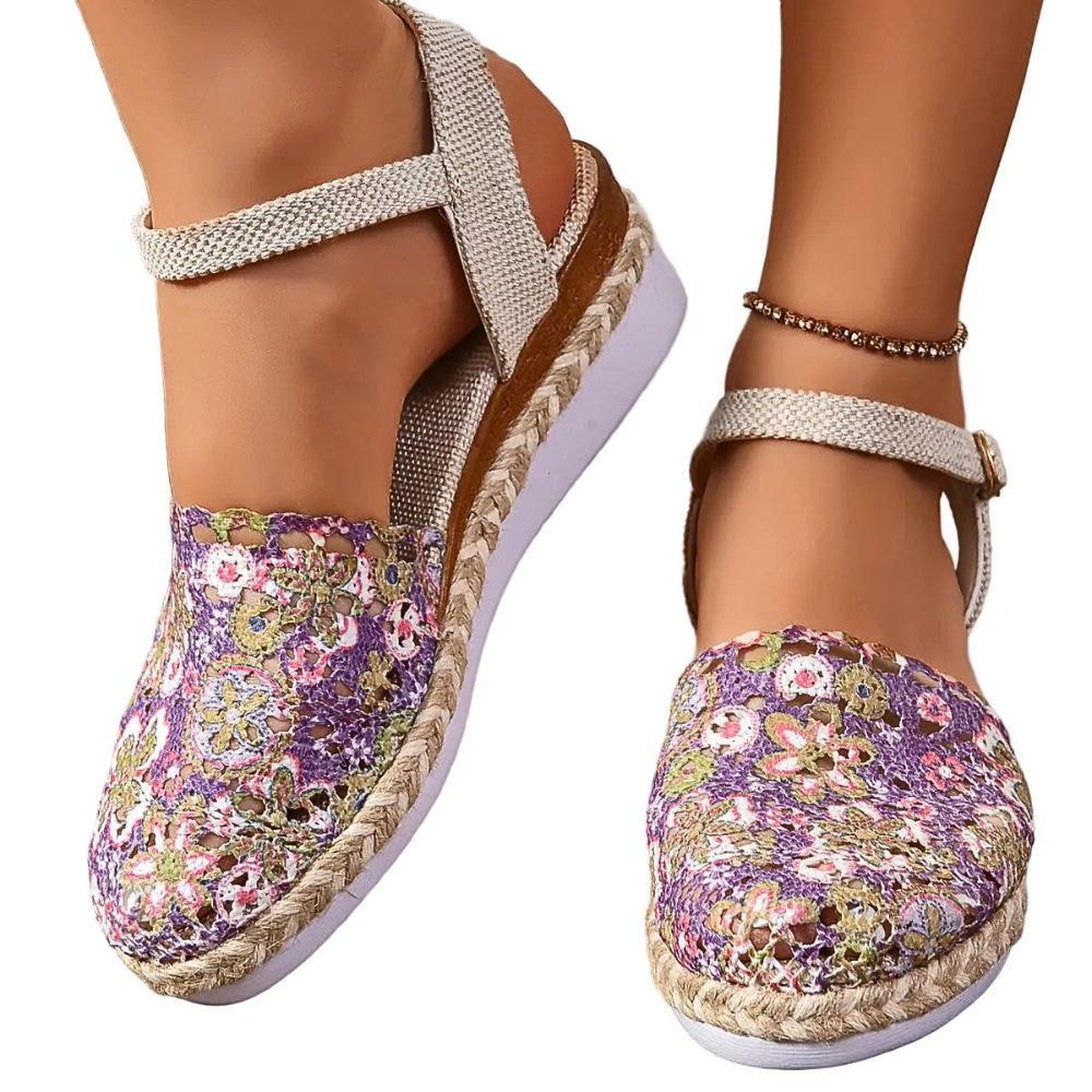 Crochet Floral Espadrille Sandals Ankle Strap Woven Mid Heels Shoes