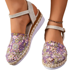 Crochet Floral Espadrille Sandals Ankle Strap Woven Mid Heels Shoes