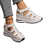 Cutout Wedge Sandals Floral Casual Pu Leather Platform Mid Heel Shoes