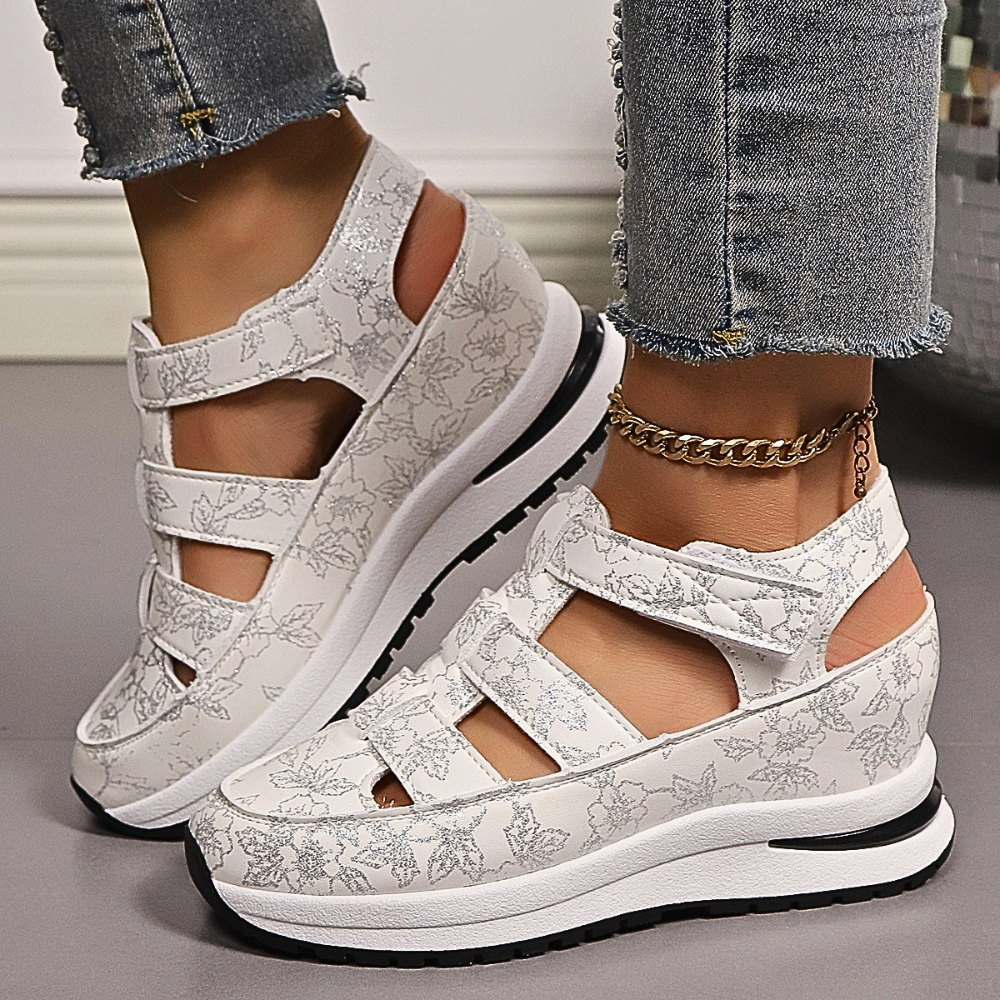 Cutout Wedge Sandals Floral Casual Pu Leather Platform Mid Heel Shoes