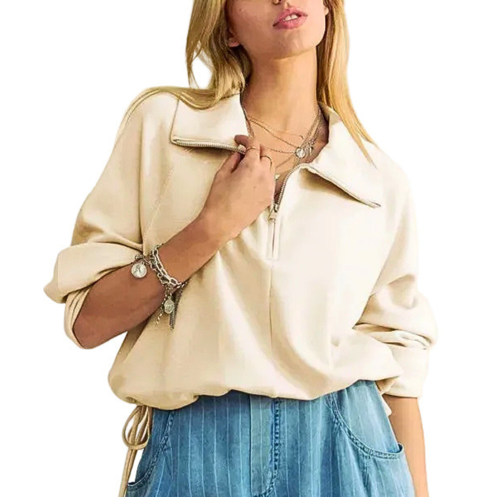 Davi & Dani Casual Sweatshirt Half Zip Collar Drawstring Hem Long Sleeve Top Ivory