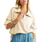 Davi & Dani Casual Sweatshirt Half Zip Collar Drawstring Hem Long Sleeve Top Ivory