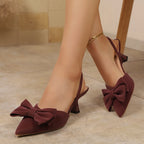 Kitten Heels Pumps Bow Point Close Toe Suede Elegant Women's Shoes