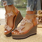 Women's Wedge Sandals Butterfly Rhinestone Mid Heels Open Toe Shoes