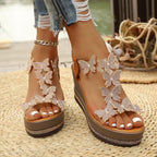 Women's Wedge Sandals Butterfly Rhinestone Mid Heels Open Toe Shoes