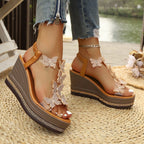 Women's Wedge Sandals Butterfly Rhinestone Mid Heels Open Toe Shoes