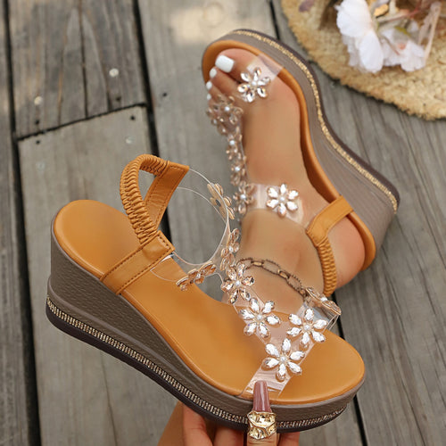 Women's Wedge Sandals Butterfly Rhinestone Mid Heels Open Toe Shoes