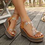 Women's Wedge Sandals Butterfly Rhinestone Mid Heels Open Toe Shoes