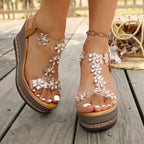 Women's Wedge Sandals Butterfly Rhinestone Mid Heels Open Toe Shoes