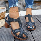 Women's Casual Sandals Floral Embroidered Cutout Block Low Heels Platforms