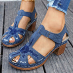 Women's Casual Sandals Floral Embroidered Cutout Block Low Heels Platforms