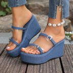Women's Denim Wedge Sandals with Clear Straps High Heels Platform Shoes
