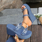 Women's Denim Wedge Sandals with Clear Straps High Heels Platform Shoes