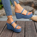 Women's Denim Wedge Sandals with Clear Straps High Heels Platform Shoes