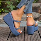 Women's Denim Wedge Sandals with Clear Straps High Heels Platform Shoes