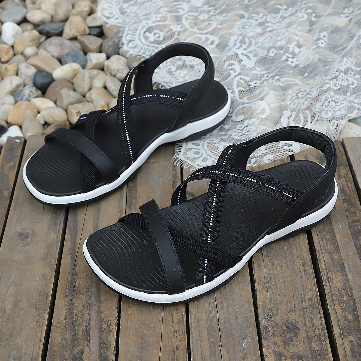 Women's Comfort Flat Sandals Elastic Cross Straps Open Toe Summer Shoes