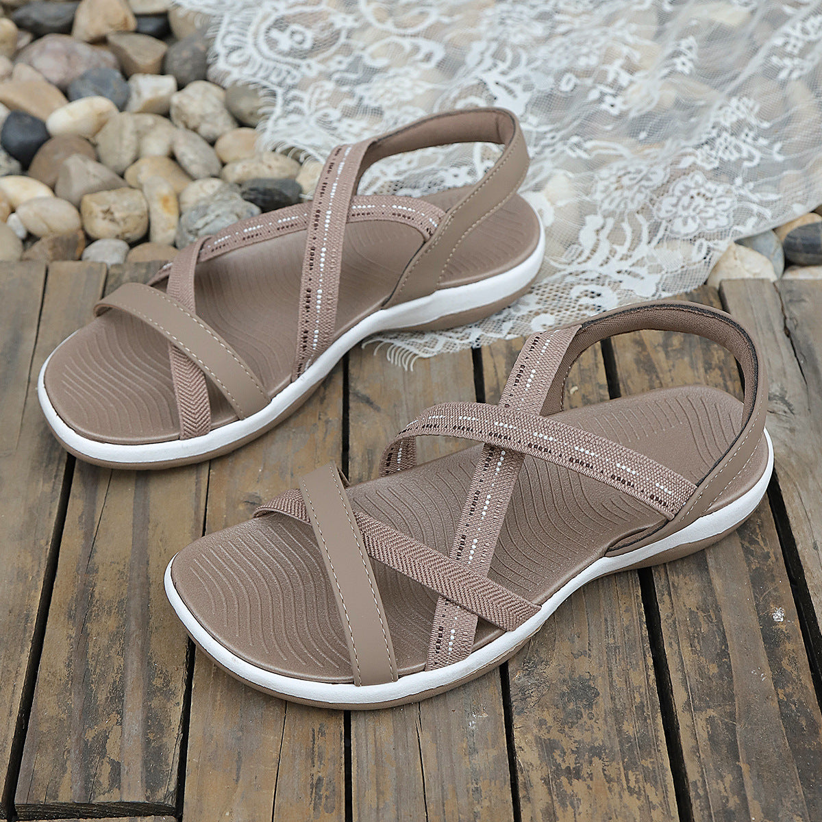 Women's Comfort Flat Sandals Elastic Cross Straps Open Toe Summer Shoes