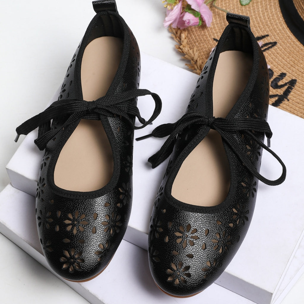 Casual Slip-Ons Floral Cutout Bow Tied Flats Women's Breathable Shoes