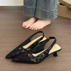 Women's Slingback Pumps Floral Lace Mesh Pointed-Toe Kitten Heels Shoes